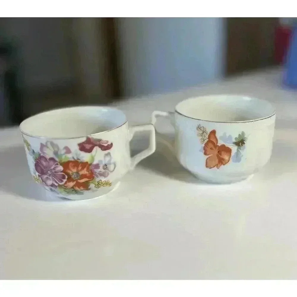 Occupied Japan pair demitasse Cups floral decal bouquet